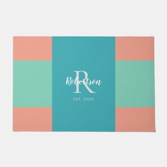 Paillasson Monogramme de famille moderne Turquoise, bleu et r (Devant)