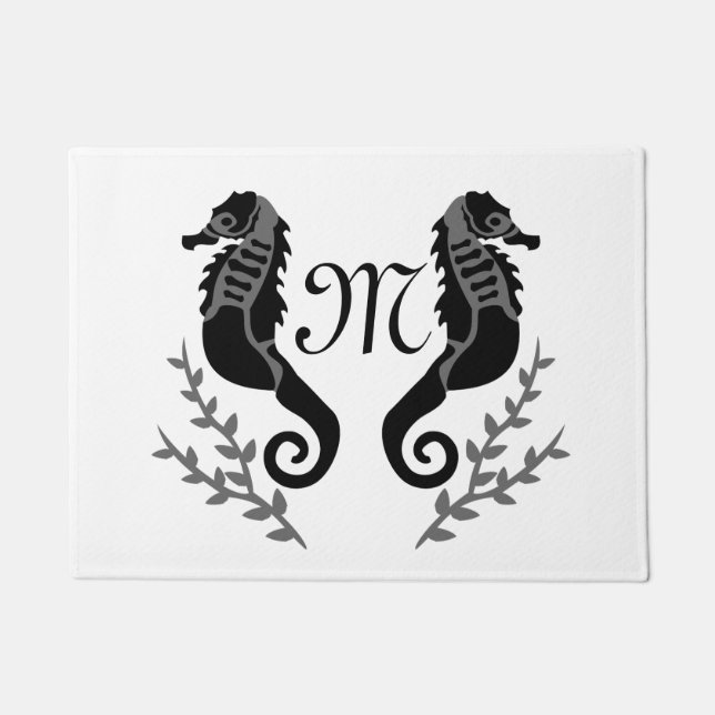 Paillasson Monogramme de silhouette de cheval de mer noir (Devant)