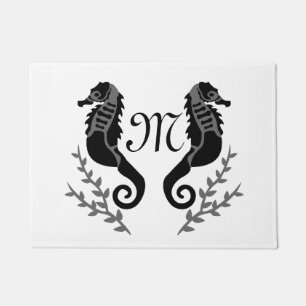 Paillasson Monogramme de silhouette du cheval de mer noir