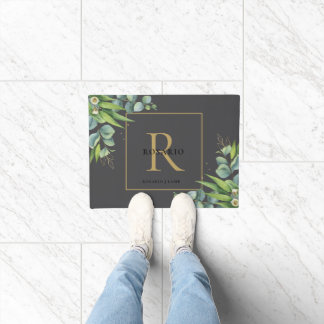 Paillasson Monogramme d'or noir personnalisé Feuille d'eucaly