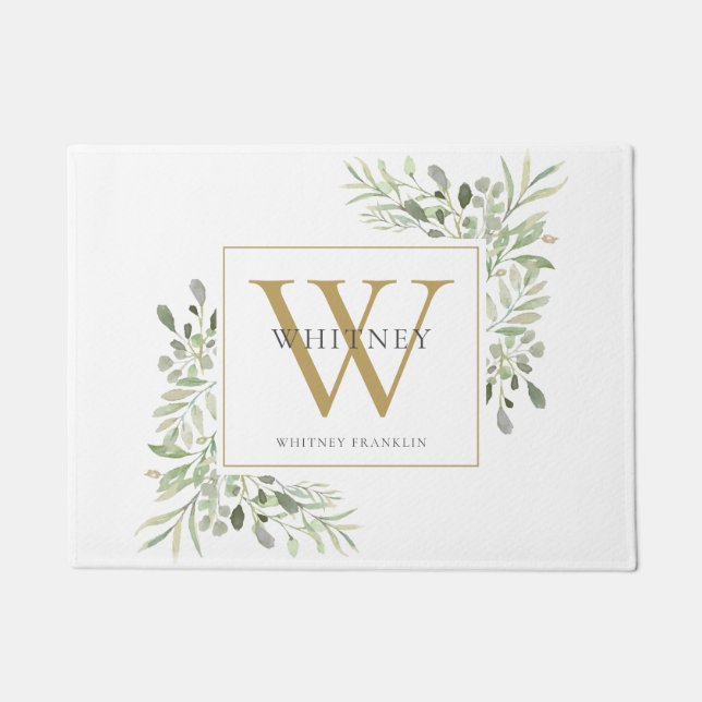 Paillasson Monogramme d'or personnalisé Vert floral (Devant)