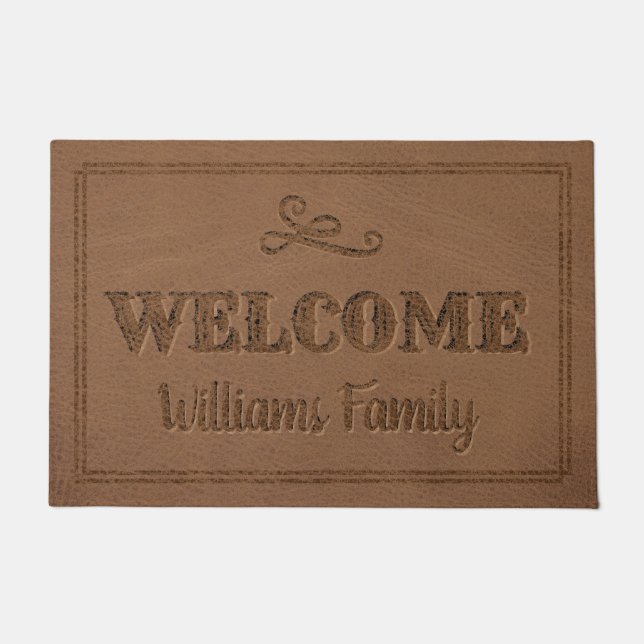 Paillasson Monogramme en cuir Brown rustique Faux Nom Bienven (Devant)