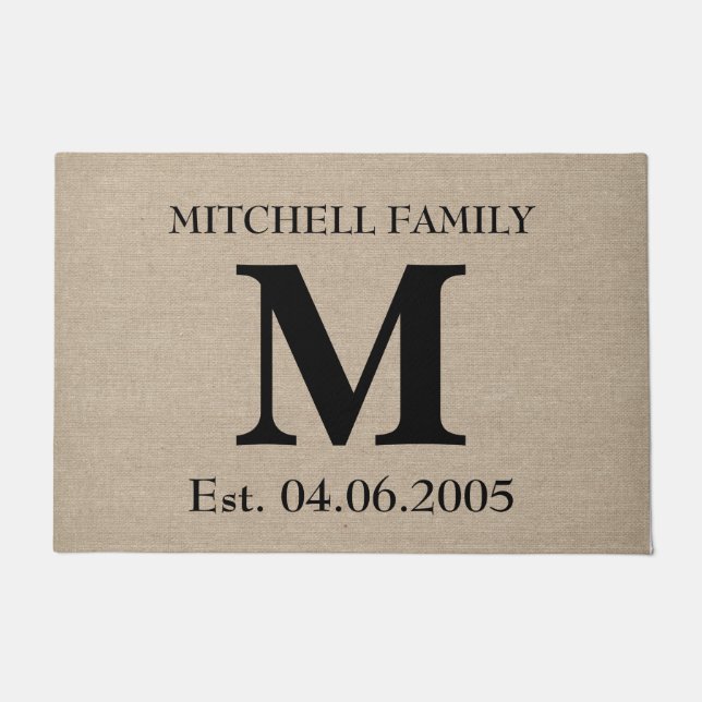 Paillasson Monogramme faux lin burlap rustique mariage initia (Devant)