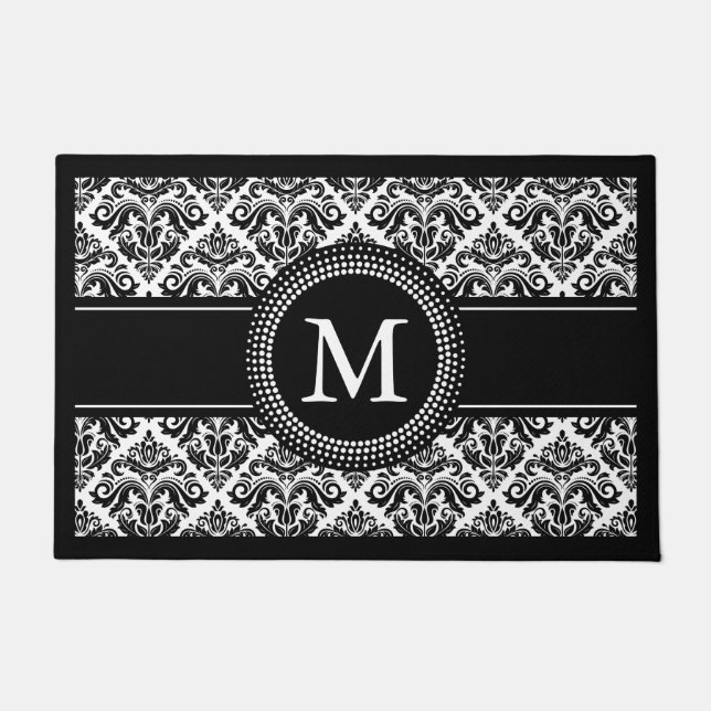 Paillasson Monogramme floral de motif de damassé blanche (Devant)