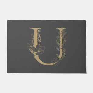 Paillasson Monogramme floral U Boho élégant Gold gris initi