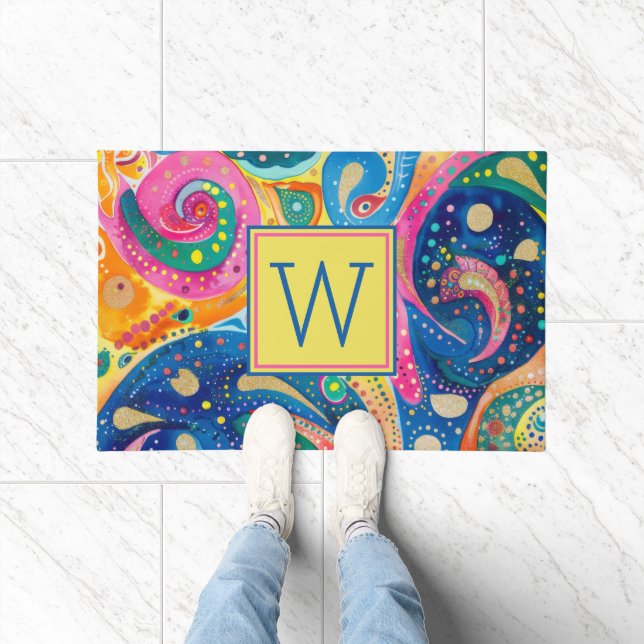 Paillasson Monogramme géométrique Abstrait de couleur vive (Intérieur)