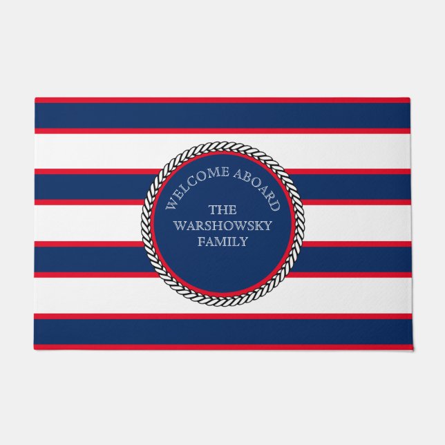 Paillasson Monogramme marin bleu blanc rouge rayé (Devant)