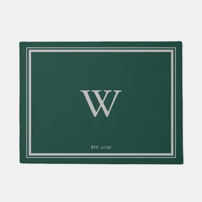 Paillasson Monogramme minimal Vert pin de bienvenue | Gris (Devant)