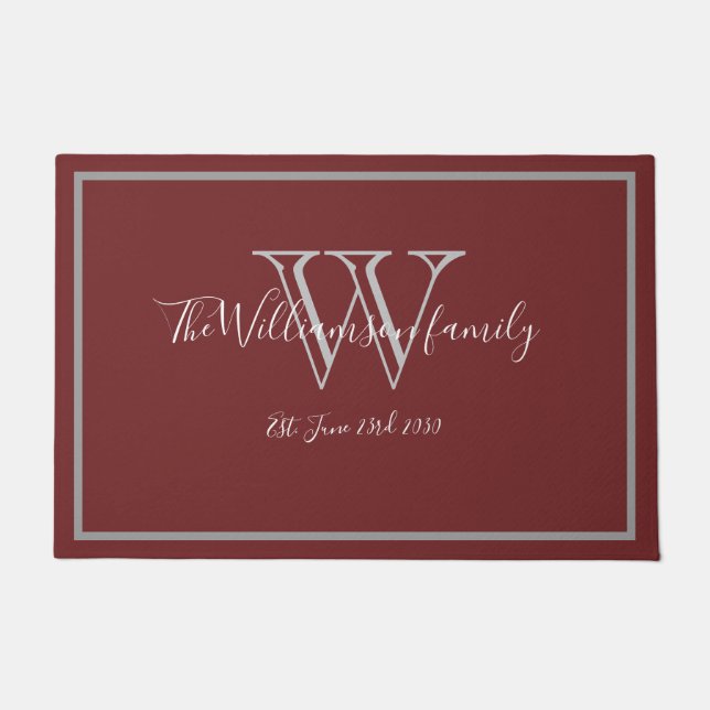 Paillasson Monogramme moderne Bourgogne Nom Mariage mignon Bi (Devant)