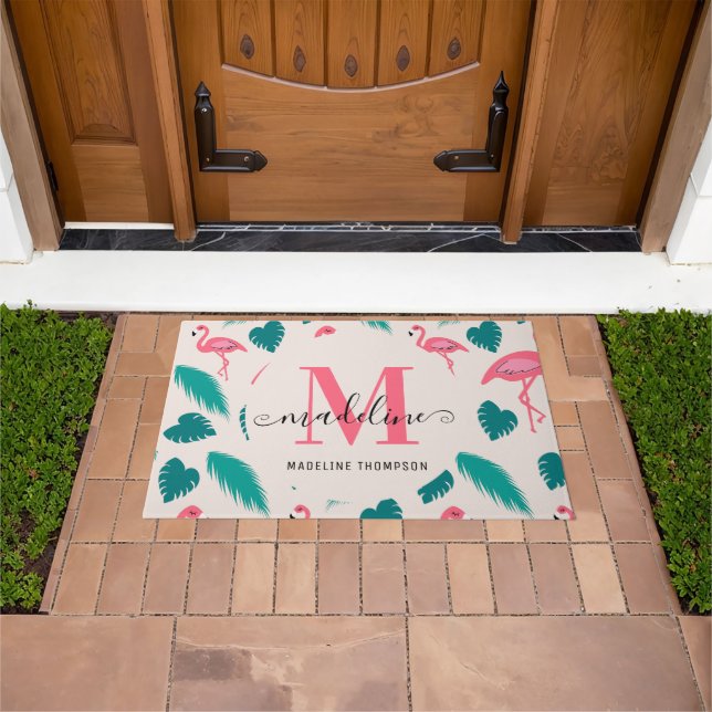 Paillasson Monogramme moderne Feuilles tropicaux Flamant rose (De plein air)