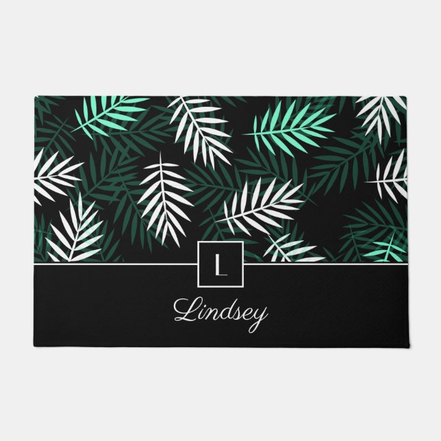 Paillasson Monogramme moderne Motif Feuille vert (Devant)