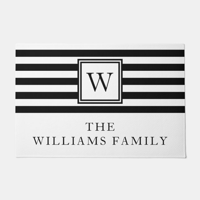 Paillasson Monogramme Moderne Nom De Famille Noir Et Blanc (Devant)