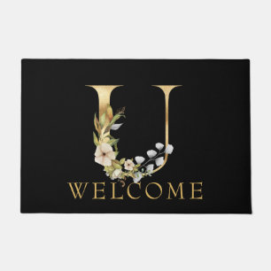 Paillasson Monogramme or classique U avec arrangement floral