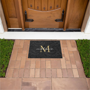 Paillasson Monogramme Or Floral Noir Élégant