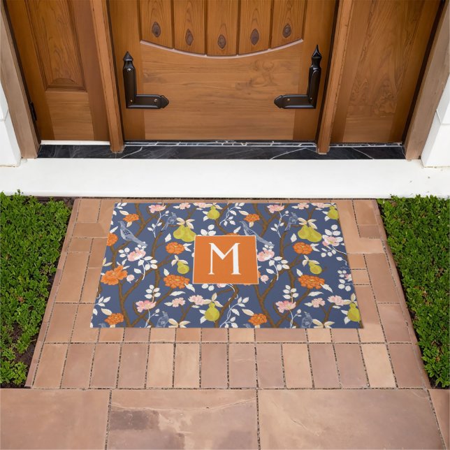 Paillasson Monogramme orangé et bleu de la Chinoiserie Oiseau (De plein air)