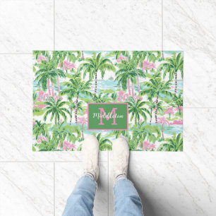 Paillasson Monogramme Palmiers Tropicaux Rose et Vert Prépa