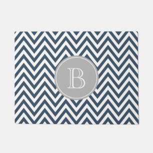 Paillasson Monogramme personnalisé bleu marine et gris Chevro