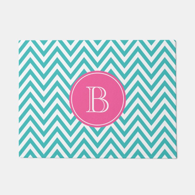 Paillasson Monogramme personnalisé Turquoise et rose chaud (Devant)