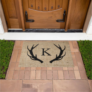 Paillasson Monogramme Rustique Deer Antler Faux Burlap
