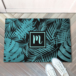 Paillasson Monogramme turquoise palme tropicale motif moderne