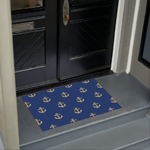 Paillasson Motif Ancre Jaune Chic Gold sur bleu marine foncé