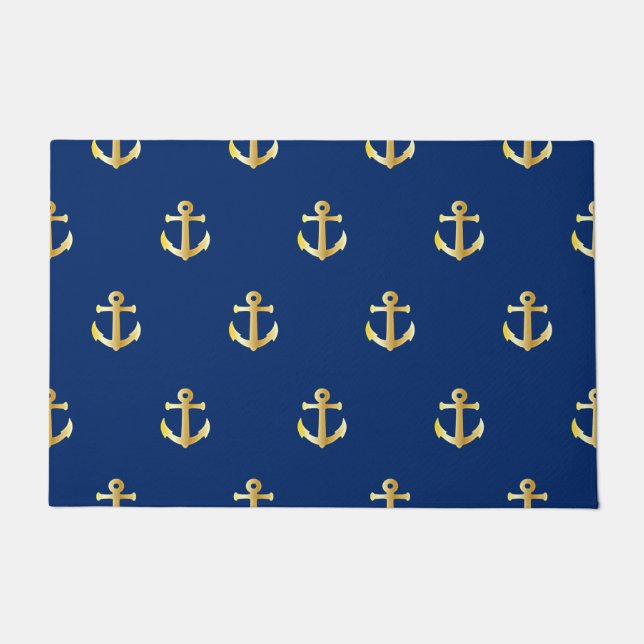 Paillasson Motif Ancre Jaune Chic Gold sur bleu marine foncé (Devant)