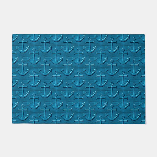 Paillasson Motif Ancre Sur La Texture En Bois Bleu (Devant)