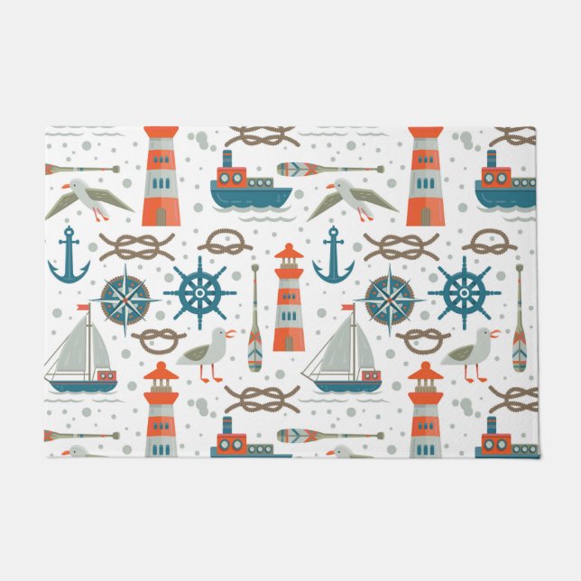 Paillasson Motif blanc gris turquoise sur le thème nautique (Devant)
