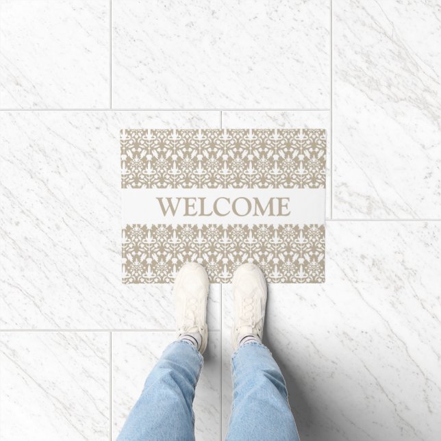 Paillasson Motif Damas Beige Et Blanc Avec Texte De Bienvenue (Intérieur)