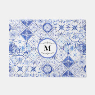 Paillasson Motif de carrelage blanc bleu pâle Aquarelle