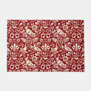 Paillasson Motif de faisan et lièvre, rouge profond et crème