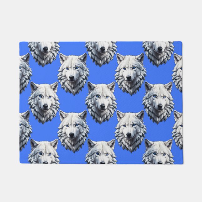 Paillasson Motif de tête de loup blanc Design bleu (Devant)