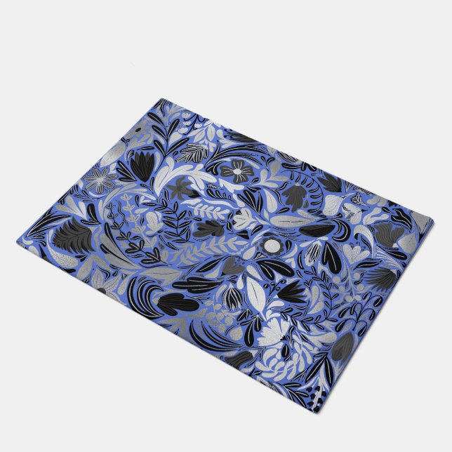 Paillasson Motif d'illustration Feuilles floral bleu argent (Incliné)