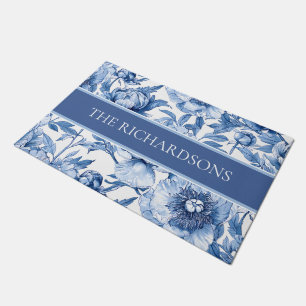 Paillasson Motif floral de fleurs bleues et blanches élégante