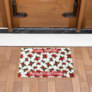 Paillasson motif floral rouge de Noël nom de famille