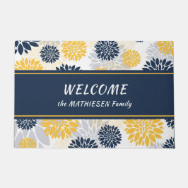 Paillasson Motif graphique de fleurs d'or bleu marine