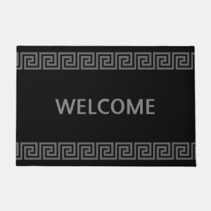 Paillasson Motif Grec Élégant Gris Argent sur Bienvenue Noir