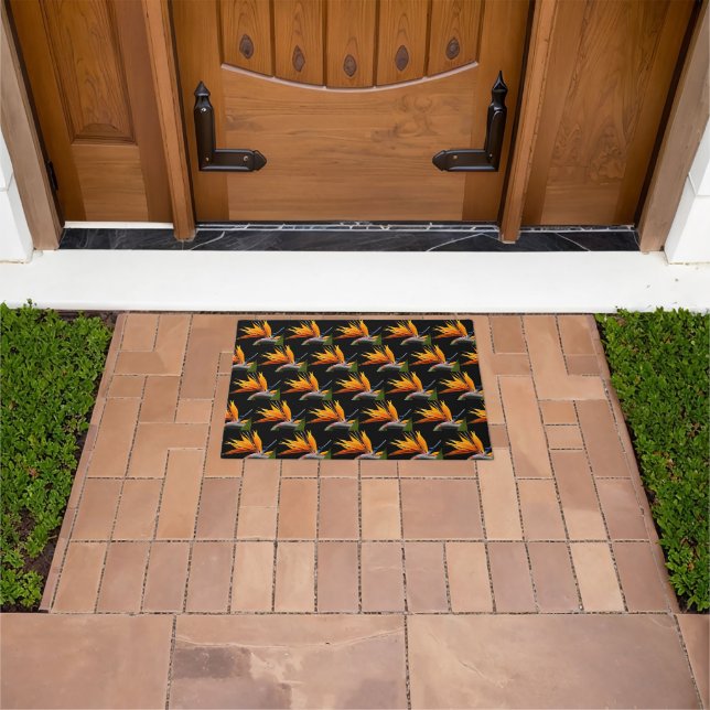 Paillasson Motif Plante Orange Bird of Paradise sur Noir (De plein air)