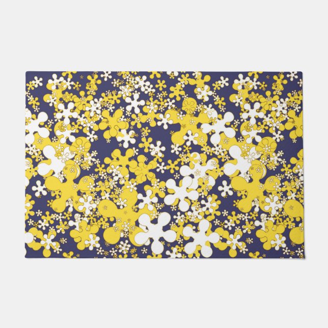 Paillasson Moutarde jaune, blanc, or, bleu marine, fleurs (Devant)