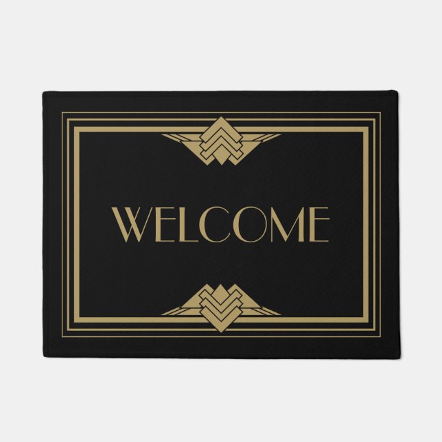 Paillasson Moyen Art Déco Géométrique Black Gold Welcome  (Devant)