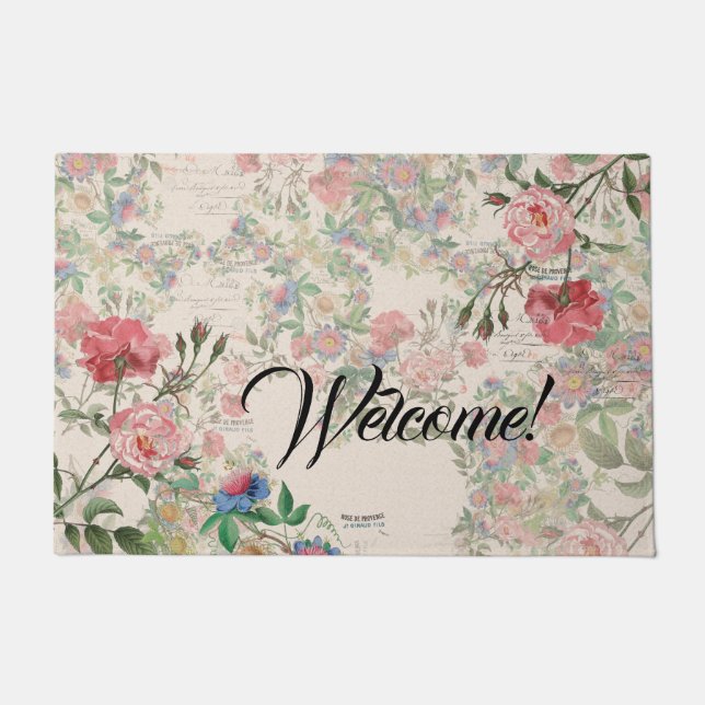 Paillasson Natte bienvenue florale de roses français (Devant)
