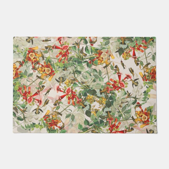 Paillasson Natte de faune de fleurs d'oiseaux de colibri (Devant)