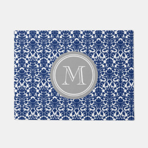 Paillasson Natte grise de monogramme de damassé de bleu