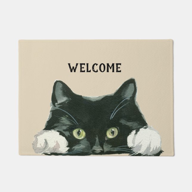Paillasson natte noire et blanche d'accueil de chat (Devant)