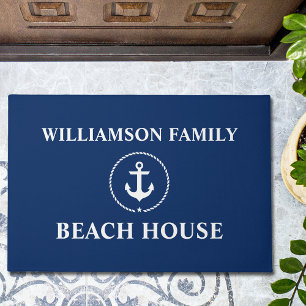 Paillasson Nautical Beach House Nom de famille Ancre Bleu Gra