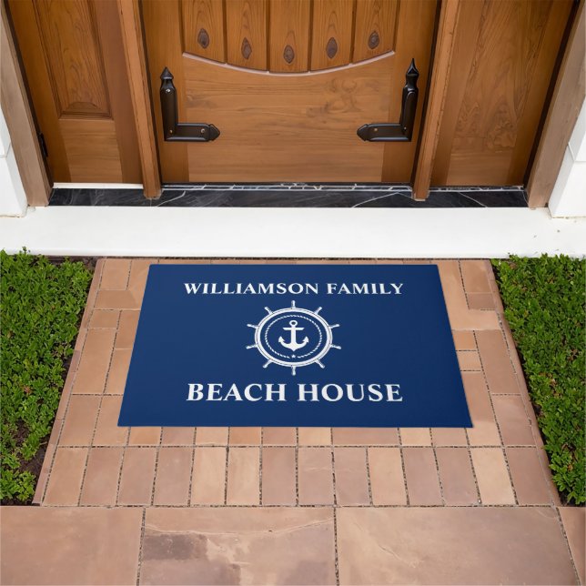 Paillasson Nautical Beach House Nom de famille Ancre Helm Blu (De plein air)