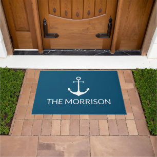 Paillasson Nautical Custom Boat Name ancre blanche turquoise 