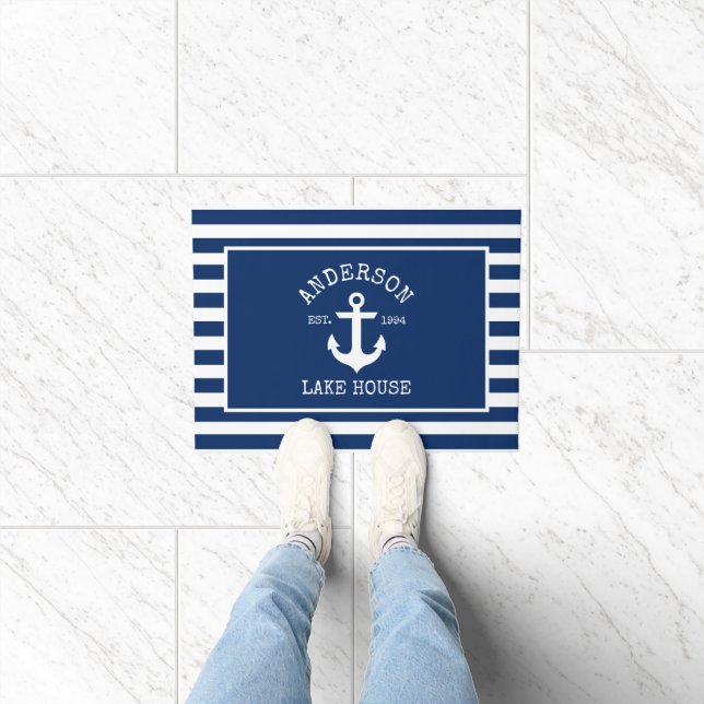 Paillasson Nautical Lake House Marine Ancre rayée bleue (Intérieur)