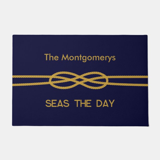 Paillasson Nautical Navy Blue Gold Rope Custom Names (Devant)