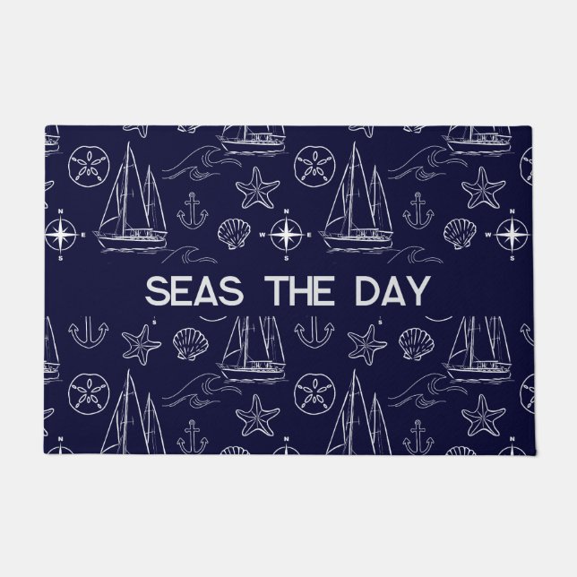 Paillasson Nautical Navy Blue Sailboat Pattern (Devant)